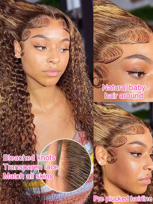 Ombre Highlight Glueless Perücke – 7x5 Lace, Water Wave, 100 % Echthaar, Honey Blonde 4/27, Preplucked, Ohne Kleber