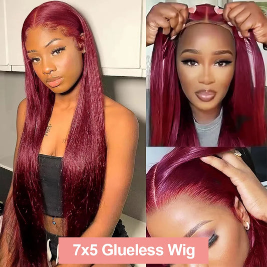 7x5 HD Glueless Perücke – Straight Burgundy Virgin Hair