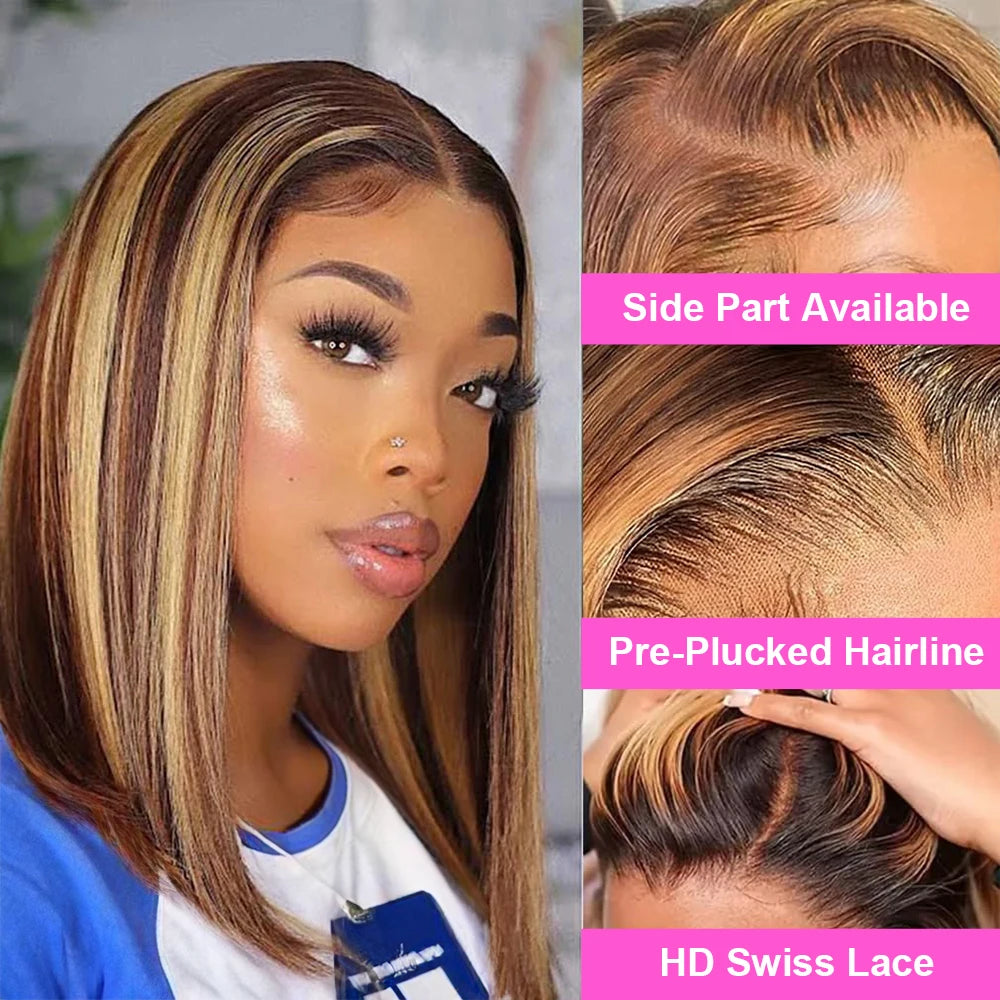 Straight Bob Glueless Perücke – 7x5 HD Lace | Echthaar | P4/27 Highlights | Preplucked | 100 % Human Hair