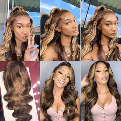 7x5 Glueless Lace Front Perücke –Body Wave | 100 % Echthaar | Highlight Ombre 4/27 | HD Swiss Lace