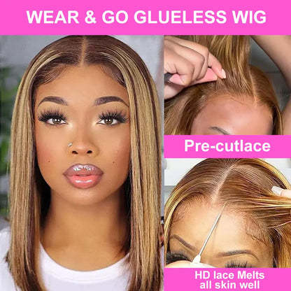 Straight Bob Glueless Perücke – 7x5 HD Lace | Echthaar | P4/27 Highlights | Preplucked | 100 % Human Hair