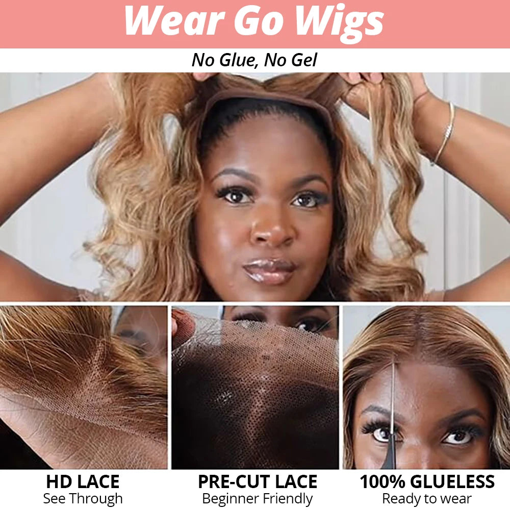 7x5 Glueless Lace Front Perücke –Body Wave | 100 % Echthaar | Highlight Ombre 4/27 | HD Swiss Lace