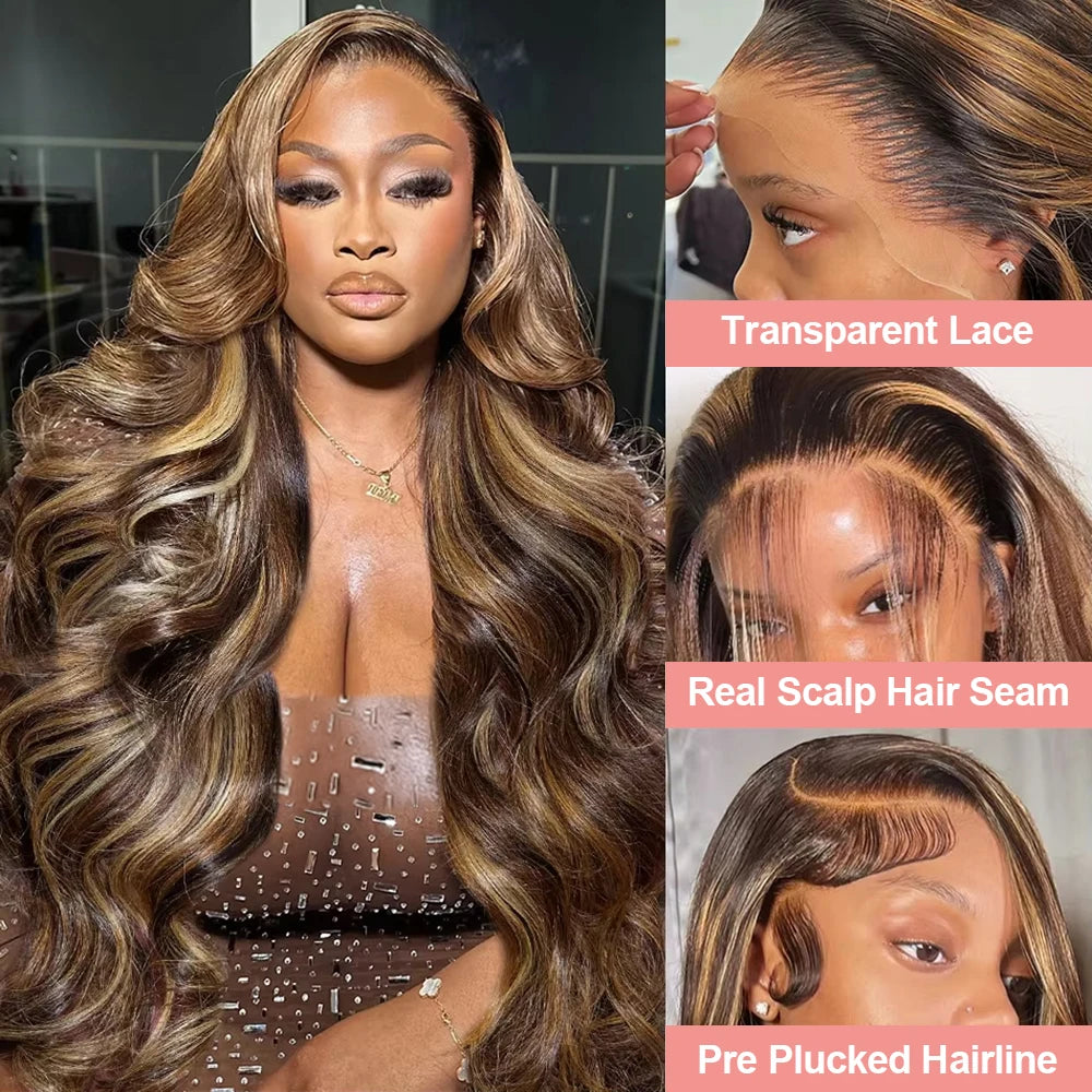 7x5 Glueless Lace Front Perücke –Body Wave | 100 % Echthaar | Highlight Ombre 4/27 | HD Swiss Lace