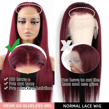7x5 HD Glueless Perücke – Straight Burgundy Virgin Hair