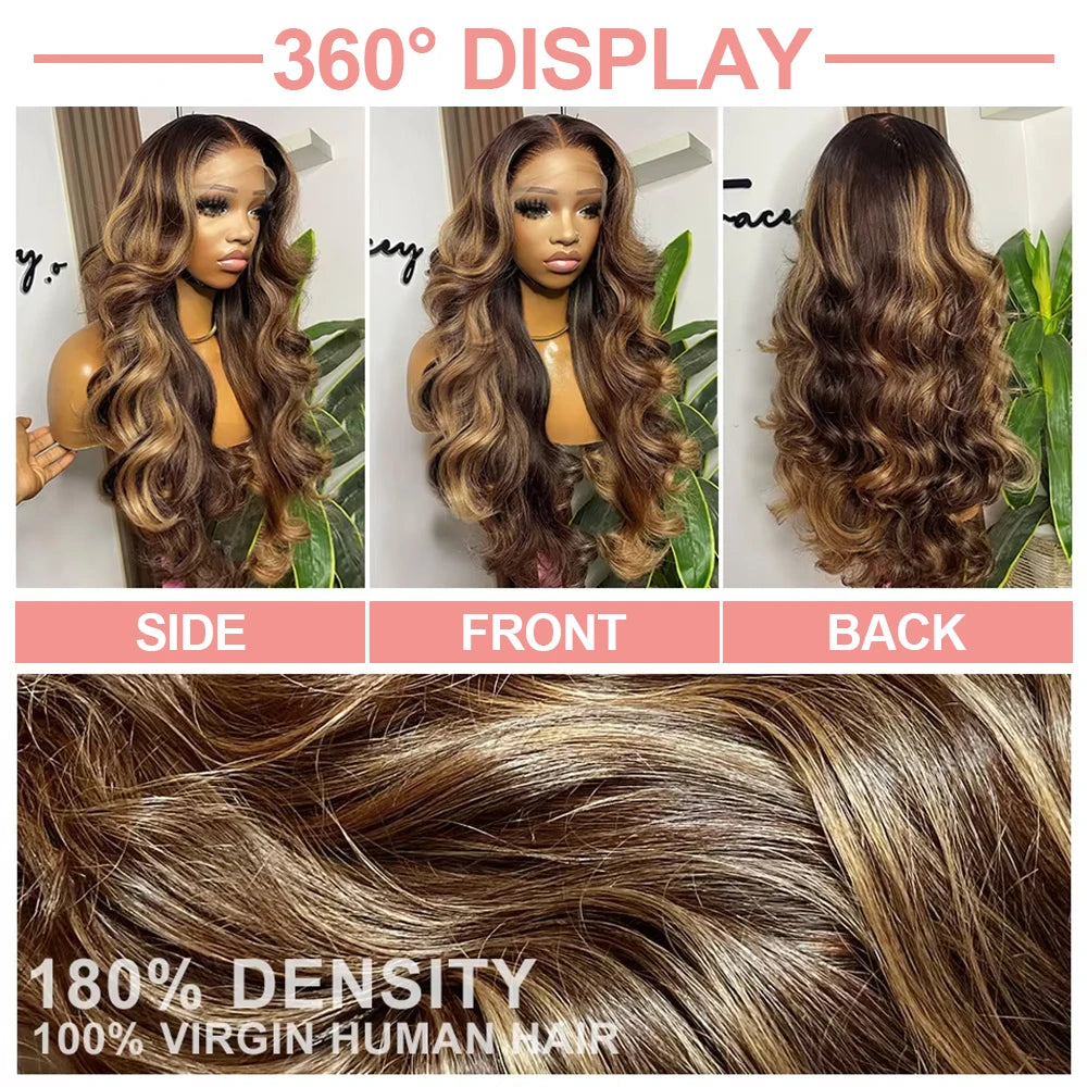 7x5 Glueless Lace Front Perücke –Body Wave | 100 % Echthaar | Highlight Ombre 4/27 | HD Swiss Lace