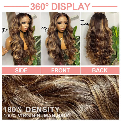 7x5 Glueless Lace Front Perücke –Body Wave | 100 % Echthaar | Highlight Ombre 4/27 | HD Swiss Lace