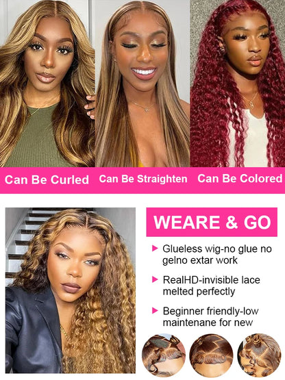 Ombre Highlight Glueless Perücke – 7x5 Lace, Water Wave, 100 % Echthaar, Honey Blonde 4/27, Preplucked, Ohne Kleber