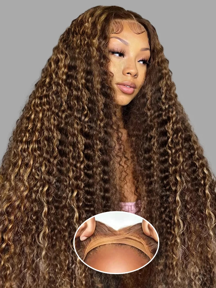 Ombre Highlight Glueless Perücke – 7x5 Lace, Water Wave, 100 % Echthaar, Honey Blonde 4/27, Preplucked, Ohne Kleber
