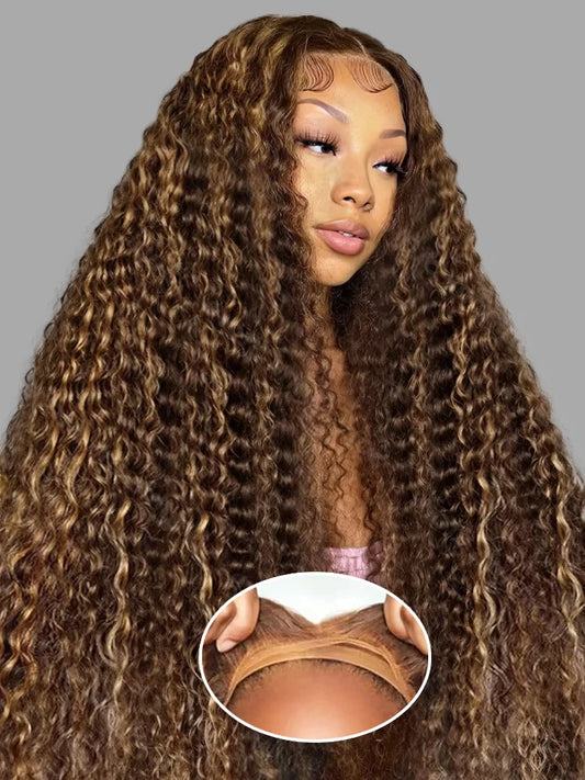 Ombre Highlight Glueless Perücke – 7x5 Lace, Water Wave, 100 % Echthaar, Honey Blonde 4/27, Preplucked, Ohne Kleber