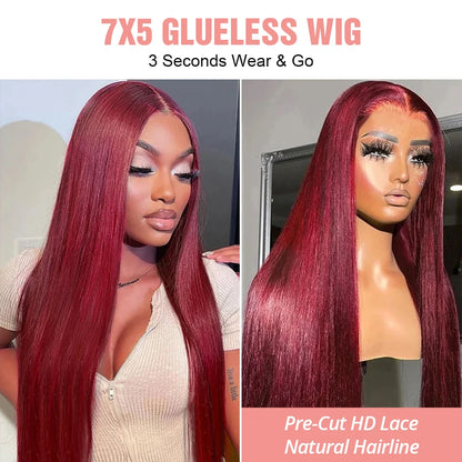 7x5 HD Glueless Perücke – Straight Burgundy Virgin Hair