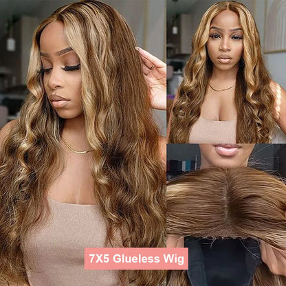 7x5 Glueless Lace Front Perücke –Body Wave | 100 % Echthaar | Highlight Ombre 4/27 | HD Swiss Lace