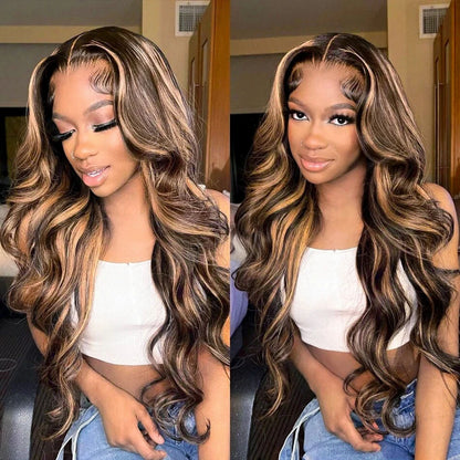 7x5 Glueless Lace Front Perücke –Body Wave | 100 % Echthaar | Highlight Ombre 4/27 | HD Swiss Lace
