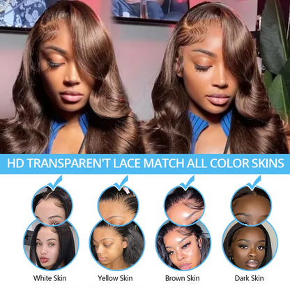 Chocolate Brown Glueless Lace Closure Perücke – 4x4 HD Transparent | Preplucked | Körperwelle | Echthaar | POPVIBES