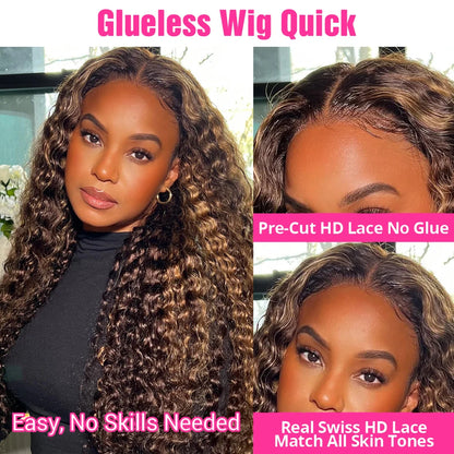 Ombre Highlight Glueless Perücke – 7x5 Lace, Water Wave, 100 % Echthaar, Honey Blonde 4/27, Preplucked, Ohne Kleber