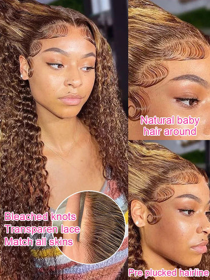 Ombre Highlight Glueless Perücke – 7x5 Lace, Water Wave, 100 % Echthaar, Honey Blonde 4/27, Preplucked, Ohne Kleber