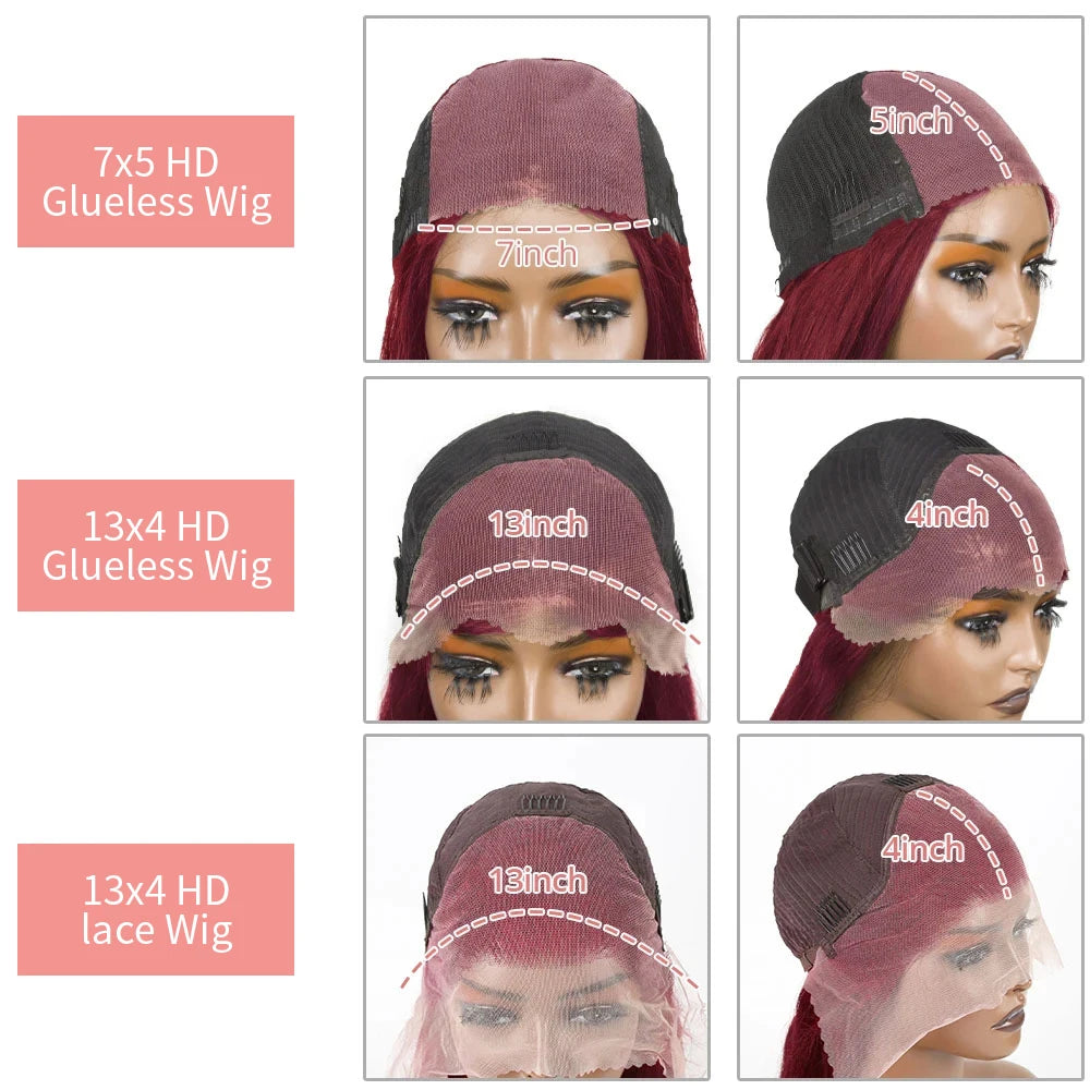7x5 HD Glueless Perücke – Straight Burgundy Virgin Hair